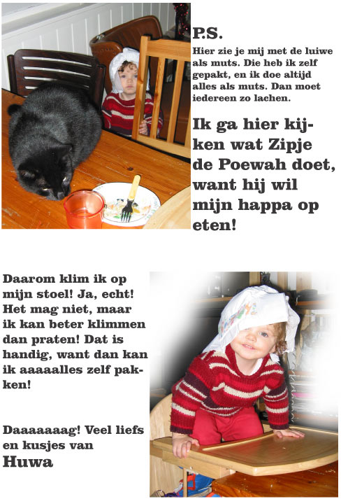 Leora heeft een luier op als muts en zip pikt eten